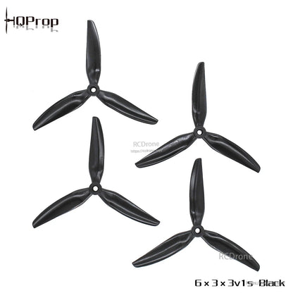 HQProp 6x3x3v1s propellers in black, four 3-blade props with size text and branding