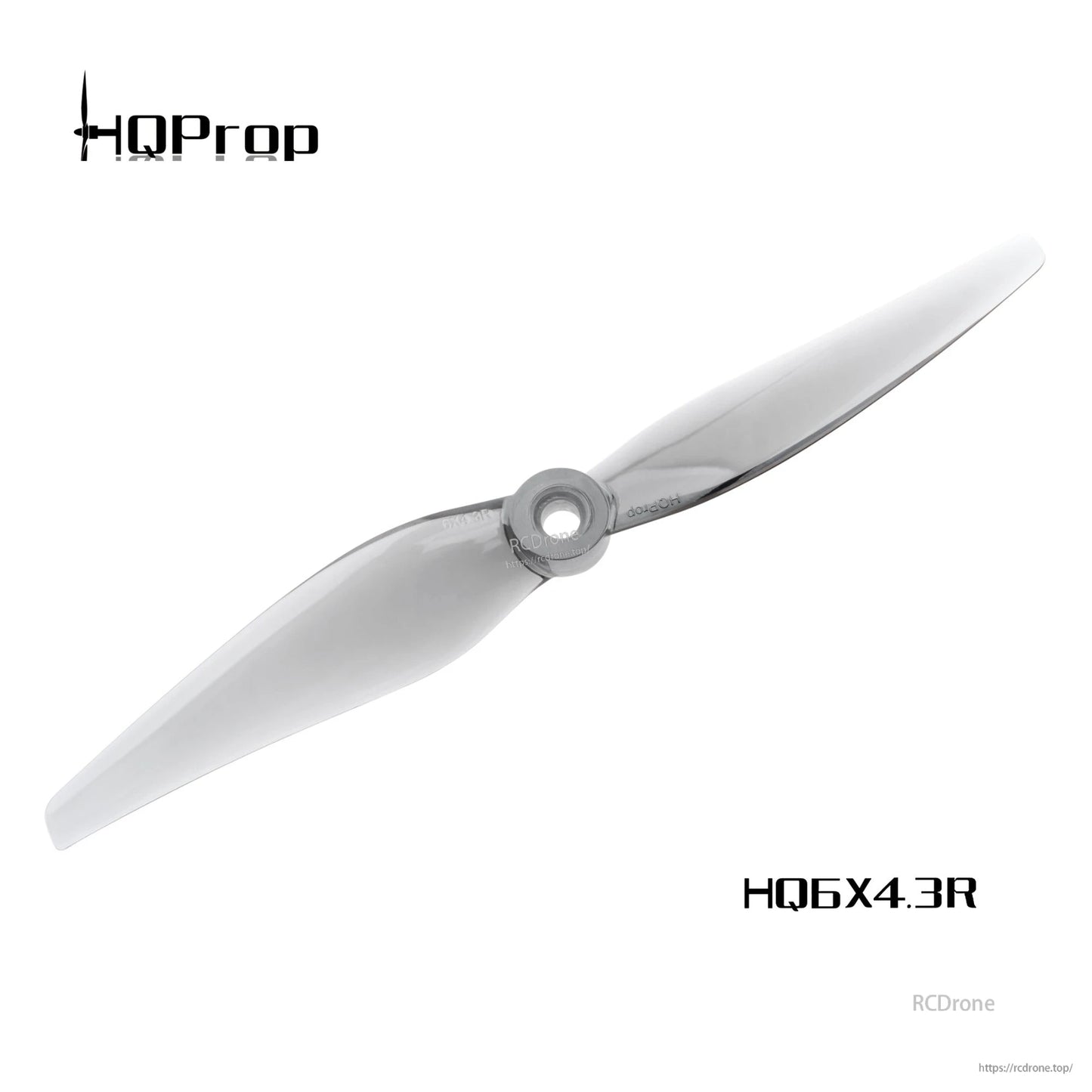 Grey 2-blade drone propeller labeled HQ6X4.3R with HQProp branding and RCDRone watermark