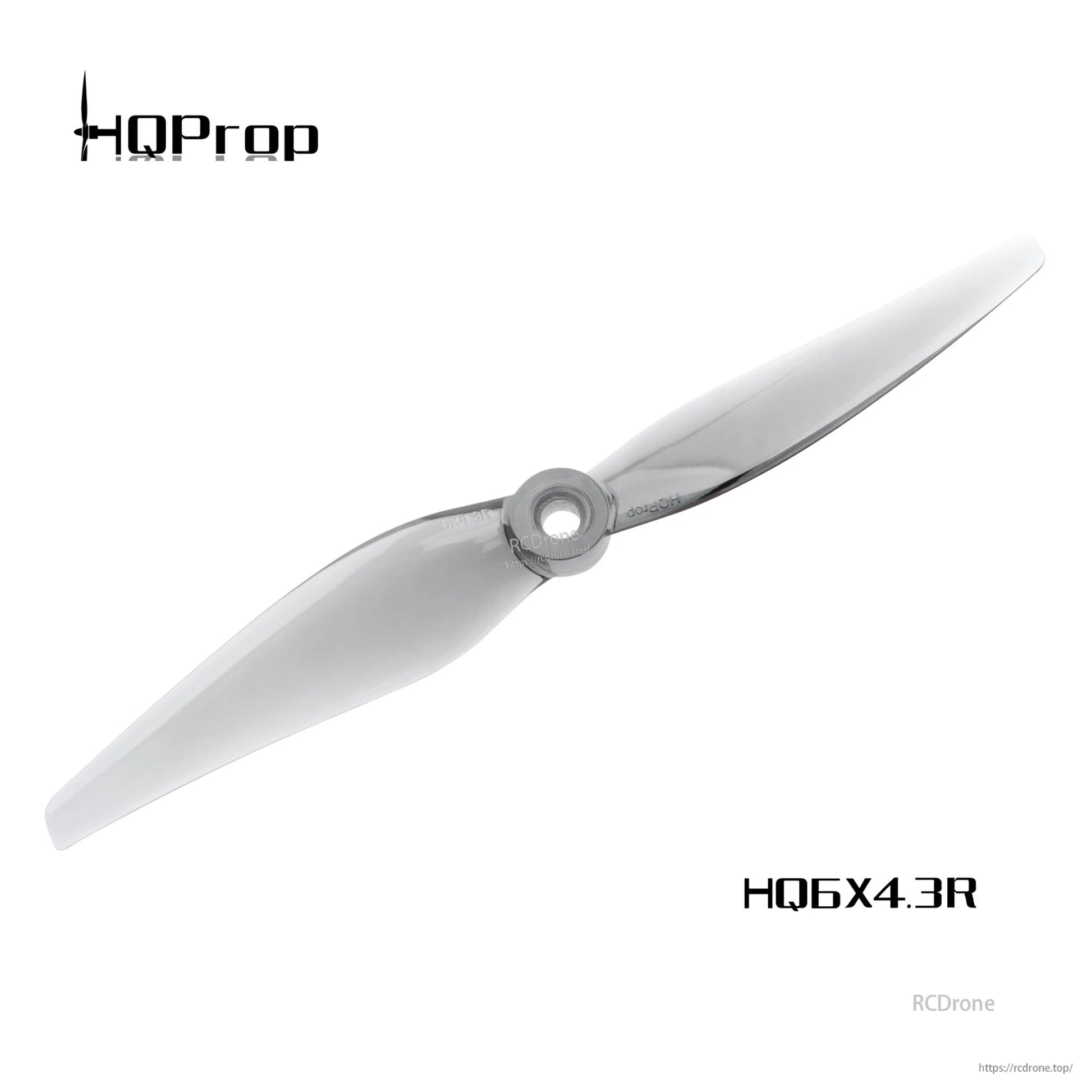 Grey 2-blade drone propeller labeled HQ6X4.3R with HQProp branding and RCDRone watermark