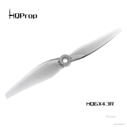 Grey 2-blade drone propeller labeled HQ6X4.3R with HQProp branding and RCDRone watermark