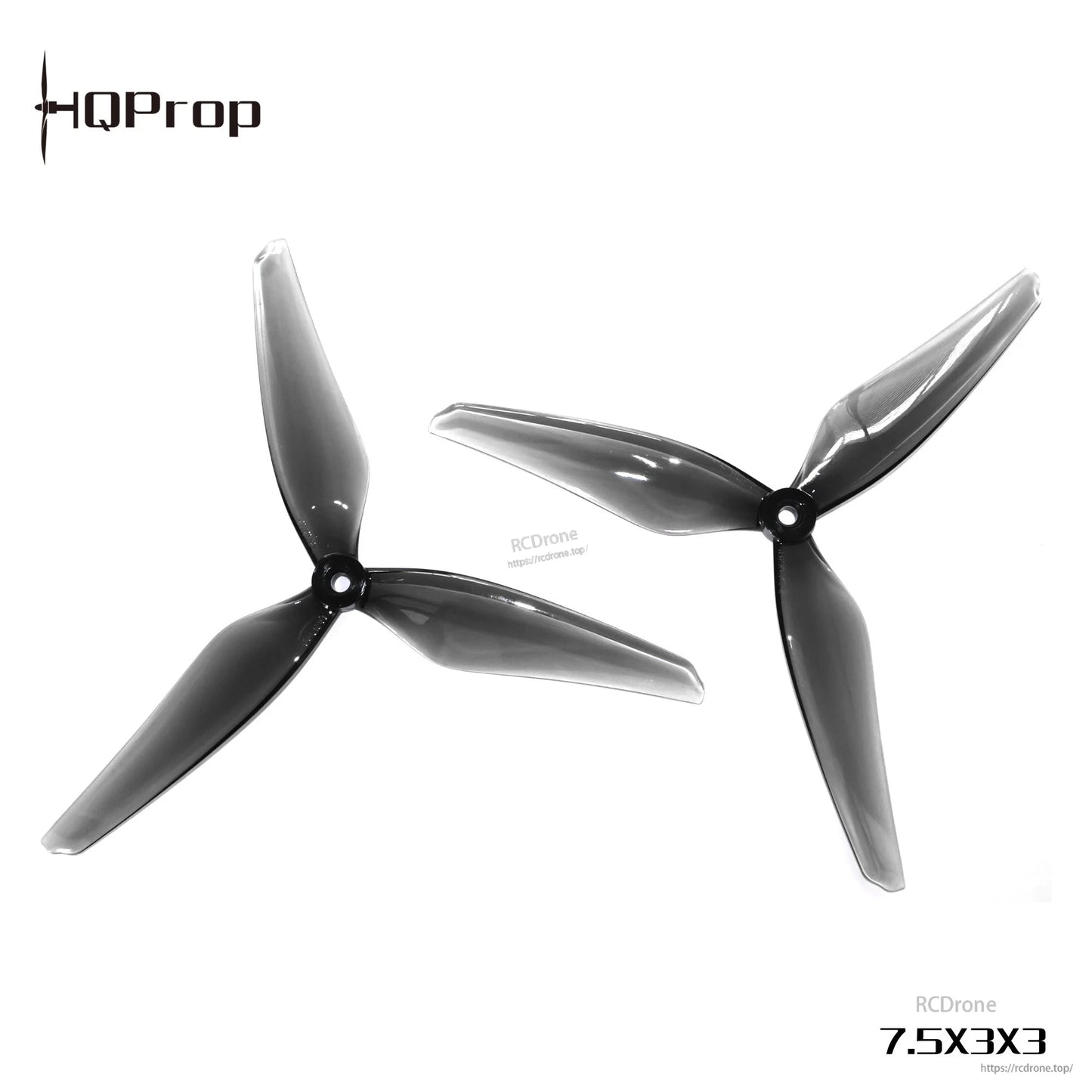 HQProp three-blade propeller pair with 7.5x3x3 size marking and RCDRone watermark