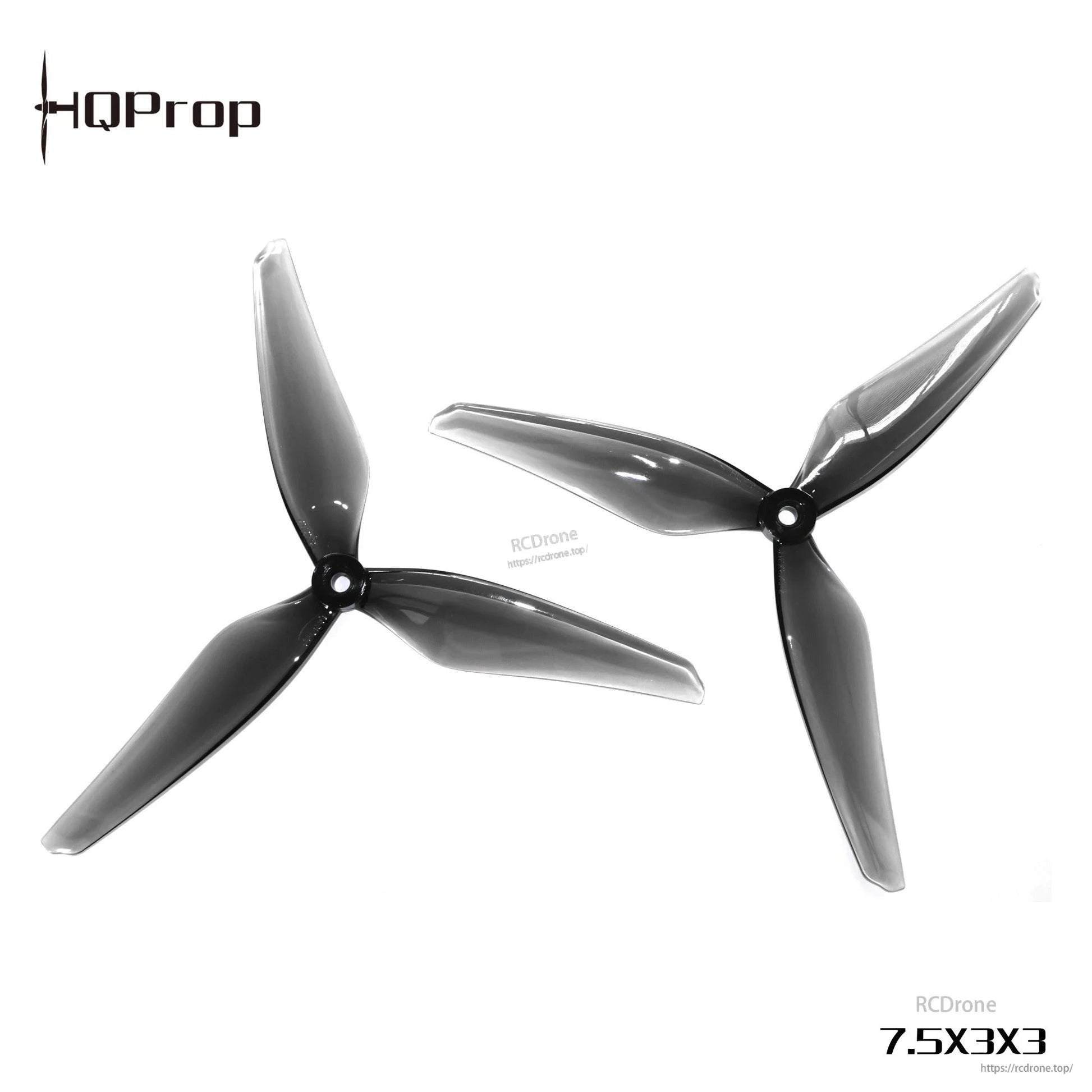HQProp three-blade propeller pair with 7.5x3x3 size marking and RCDRone watermark