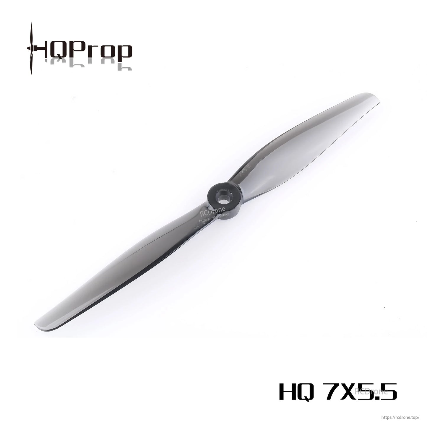 Light grey HQProp 7x5.5 two-blade polycarbonate propeller, opposite orientation close-up