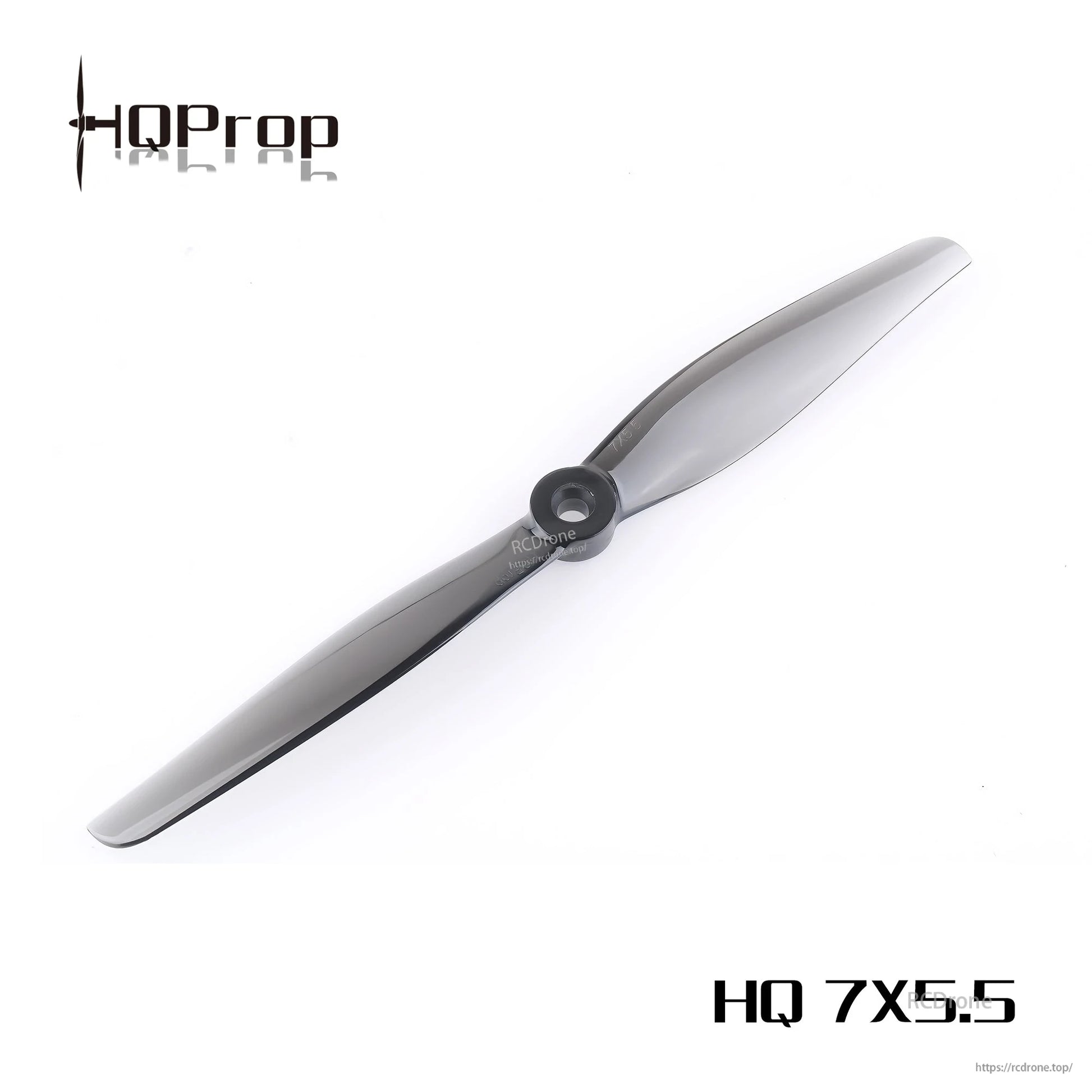 Light grey HQProp 7x5.5 two-blade polycarbonate propeller, opposite orientation close-up