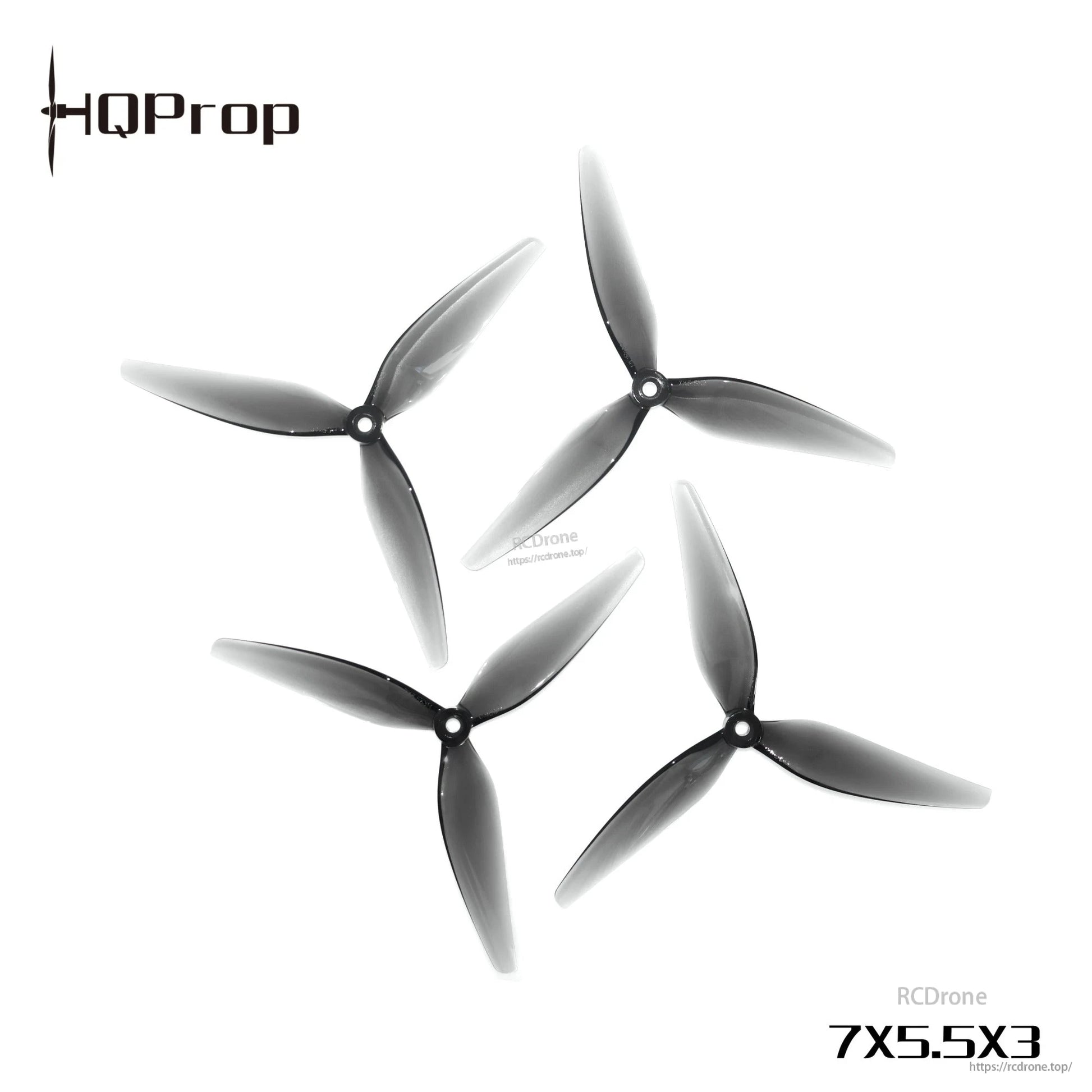 Four grey 3-blade drone propellers arranged in a circle with HQProp logo and 7x5.5x3 marking