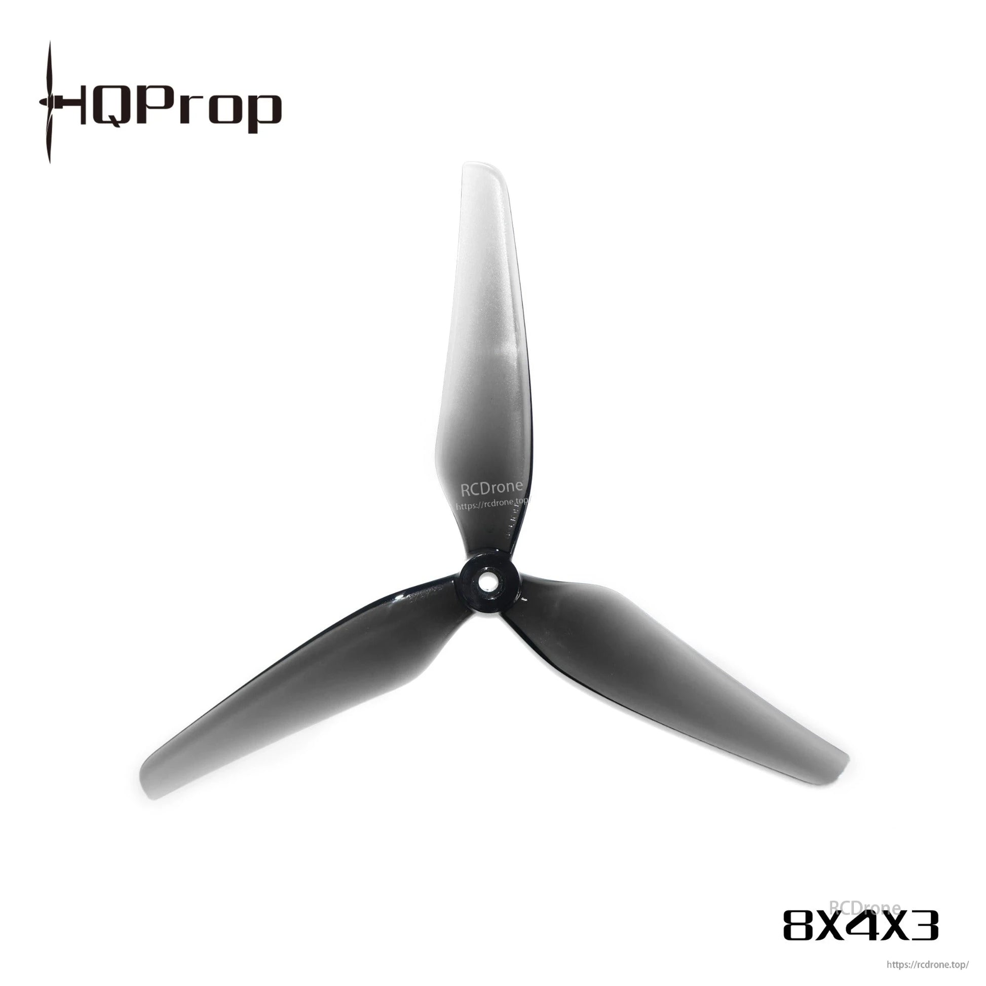 Single HQProp 8X4X3 grey 3-blade propeller close-up with hub and blade shape detail