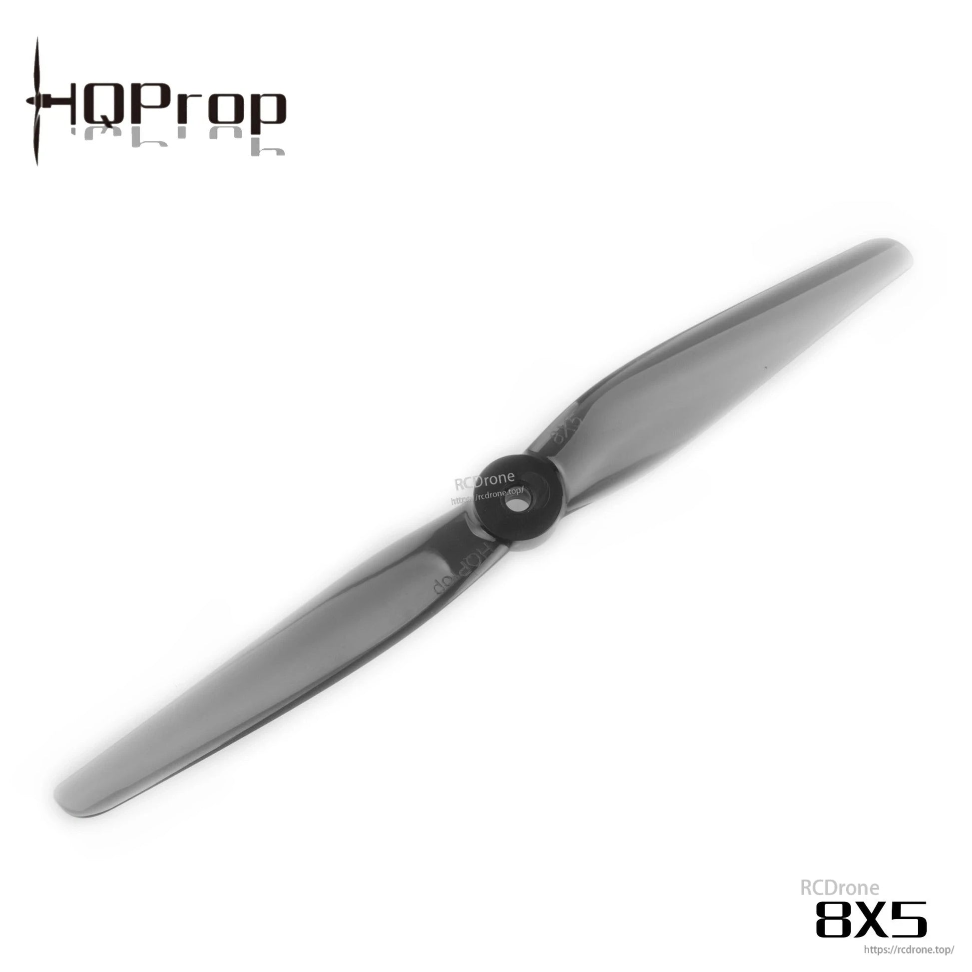 Single HQProp 8x5 light grey 2-blade propeller, full-length profile with central 5mm hub