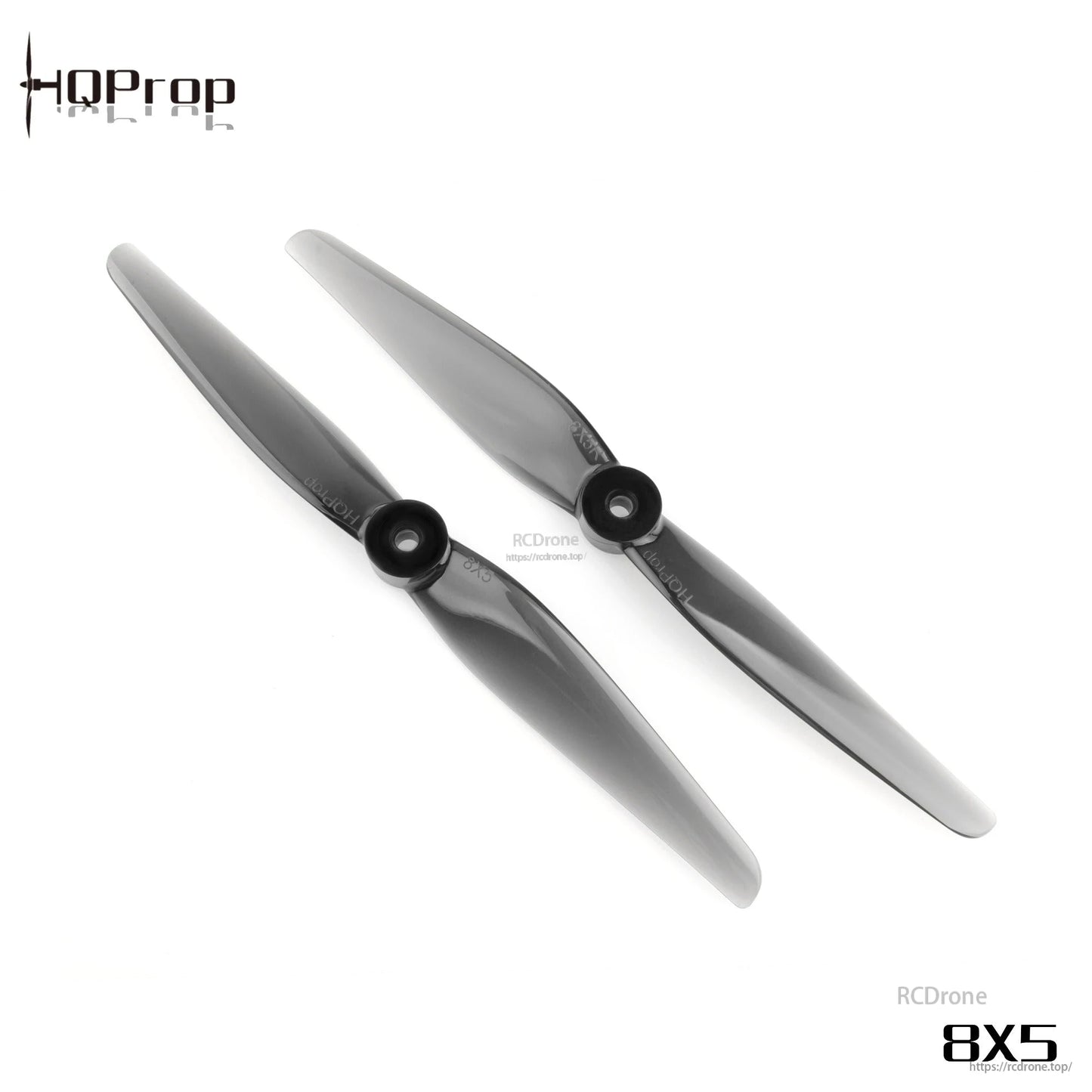 Pair of HQProp 8x5 2-blade propellers side by side, light grey polycarbonate, matching hubs
