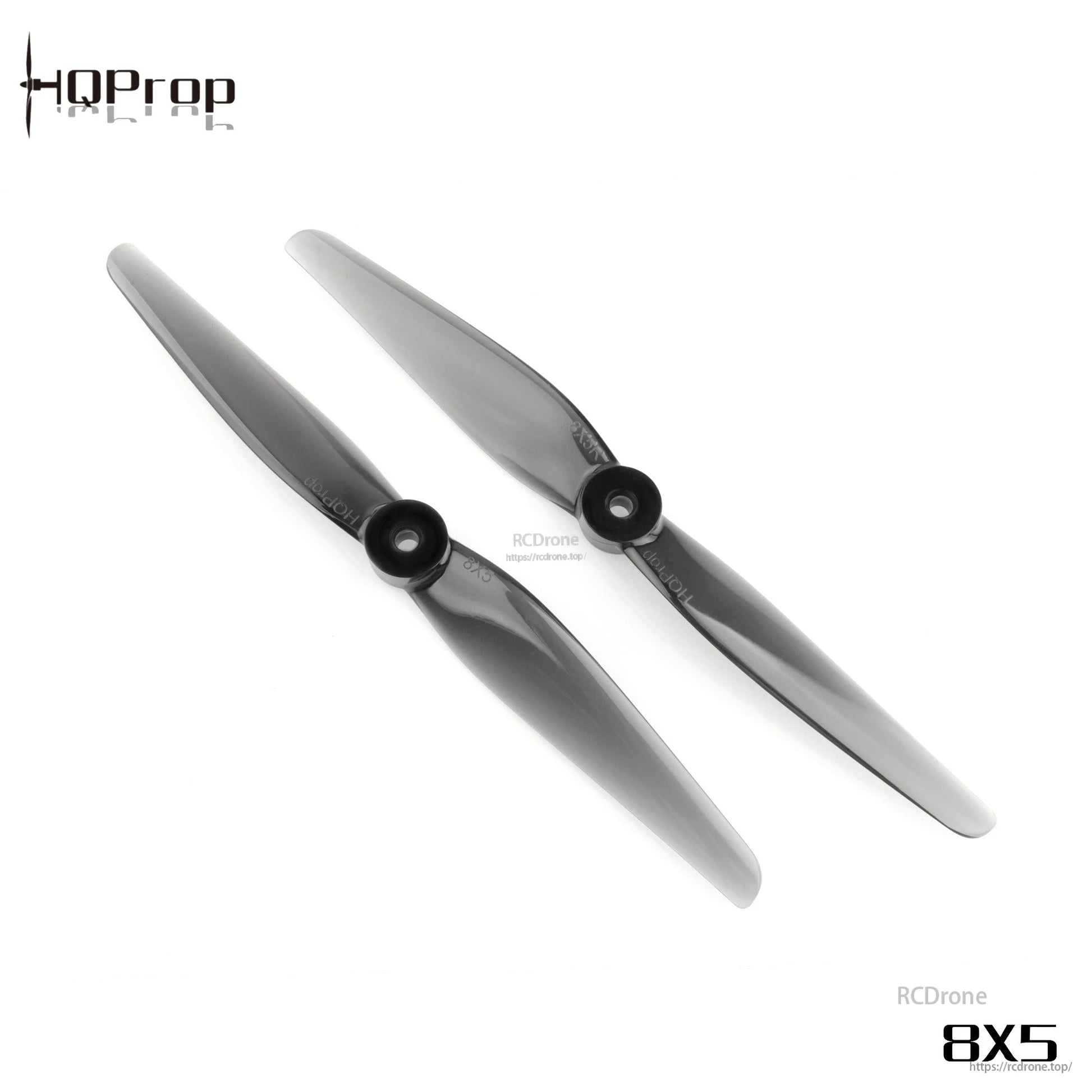Pair of HQProp 8x5 2-blade propellers side by side, light grey polycarbonate, matching hubs