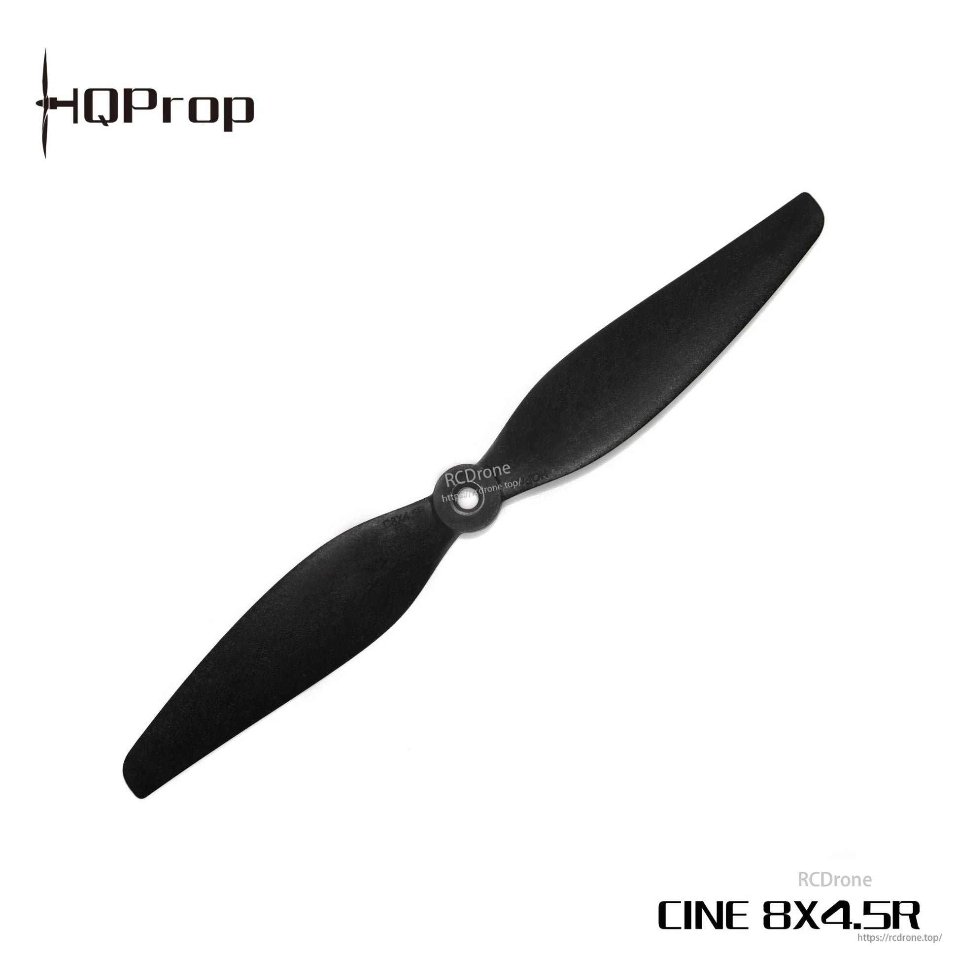 Black two-blade propeller labeled CINE 8X4.5R, with RCDRone watermark