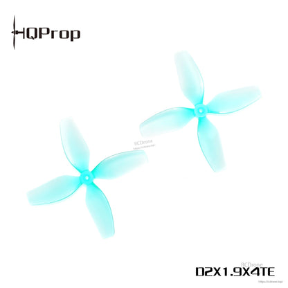 Cyan four-blade cinewhoop propeller set with printed D2X1.9X4TE text and HQProp branding