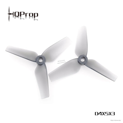 Grey 3-blade drone propellers with HQProp logo and D4X5X3 text on white background