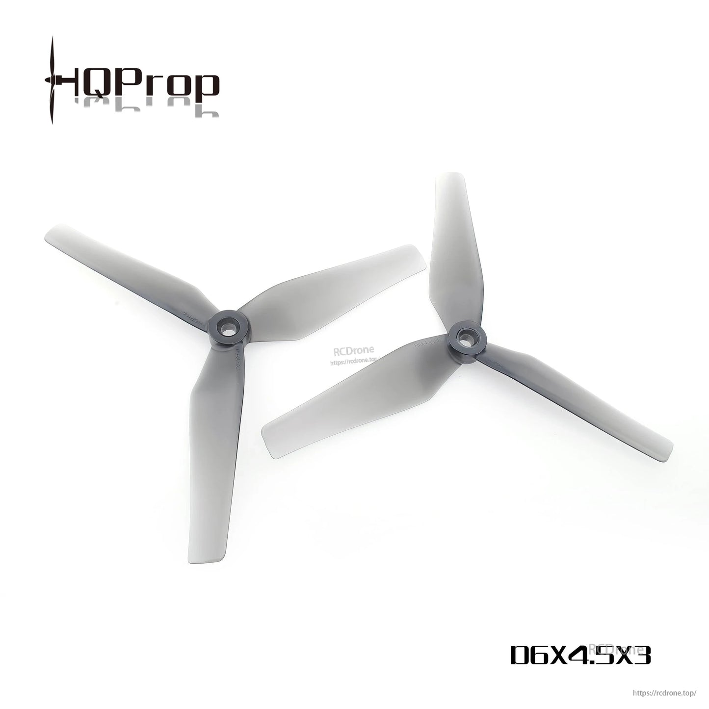 Grey 3-blade drone propellers shown with D6X4.5X3 marking and small website watermark