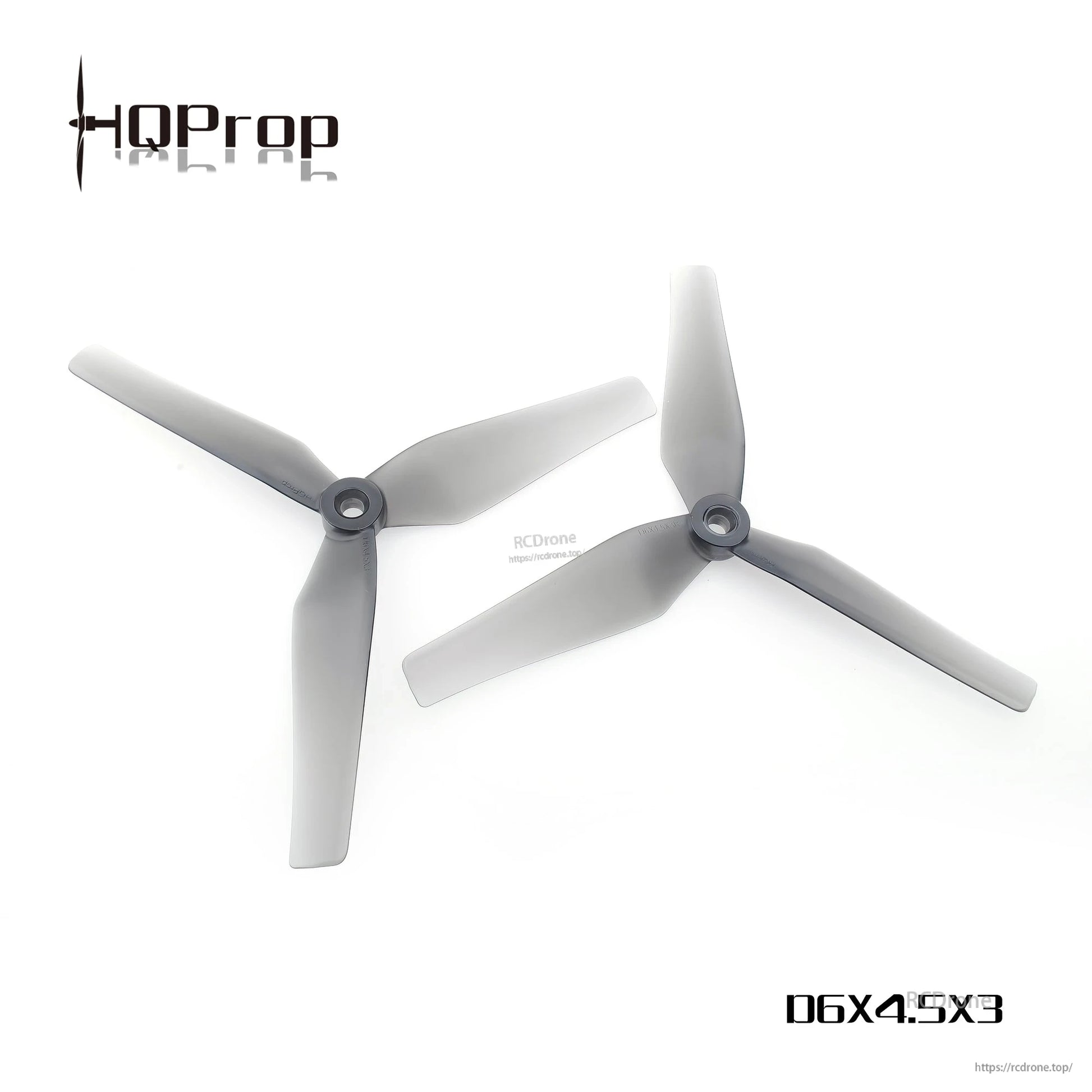 Grey 3-blade drone propellers shown with D6X4.5X3 marking and small website watermark