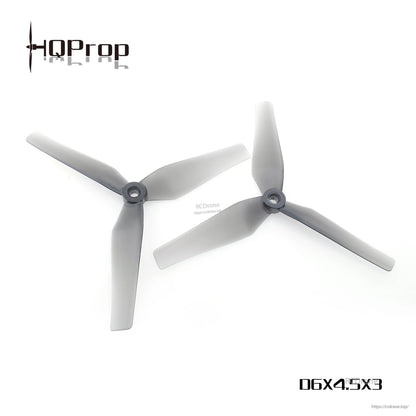 Grey 3-blade drone propellers shown with D6X4.5X3 marking and small website watermark