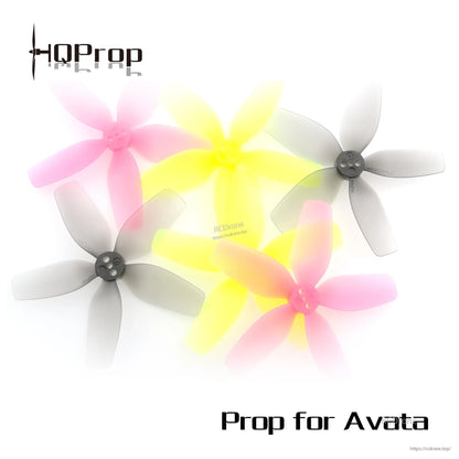 Mixed-color 5-blade propellers shown together (gray, pink, yellow) with "Prop for Avata" text