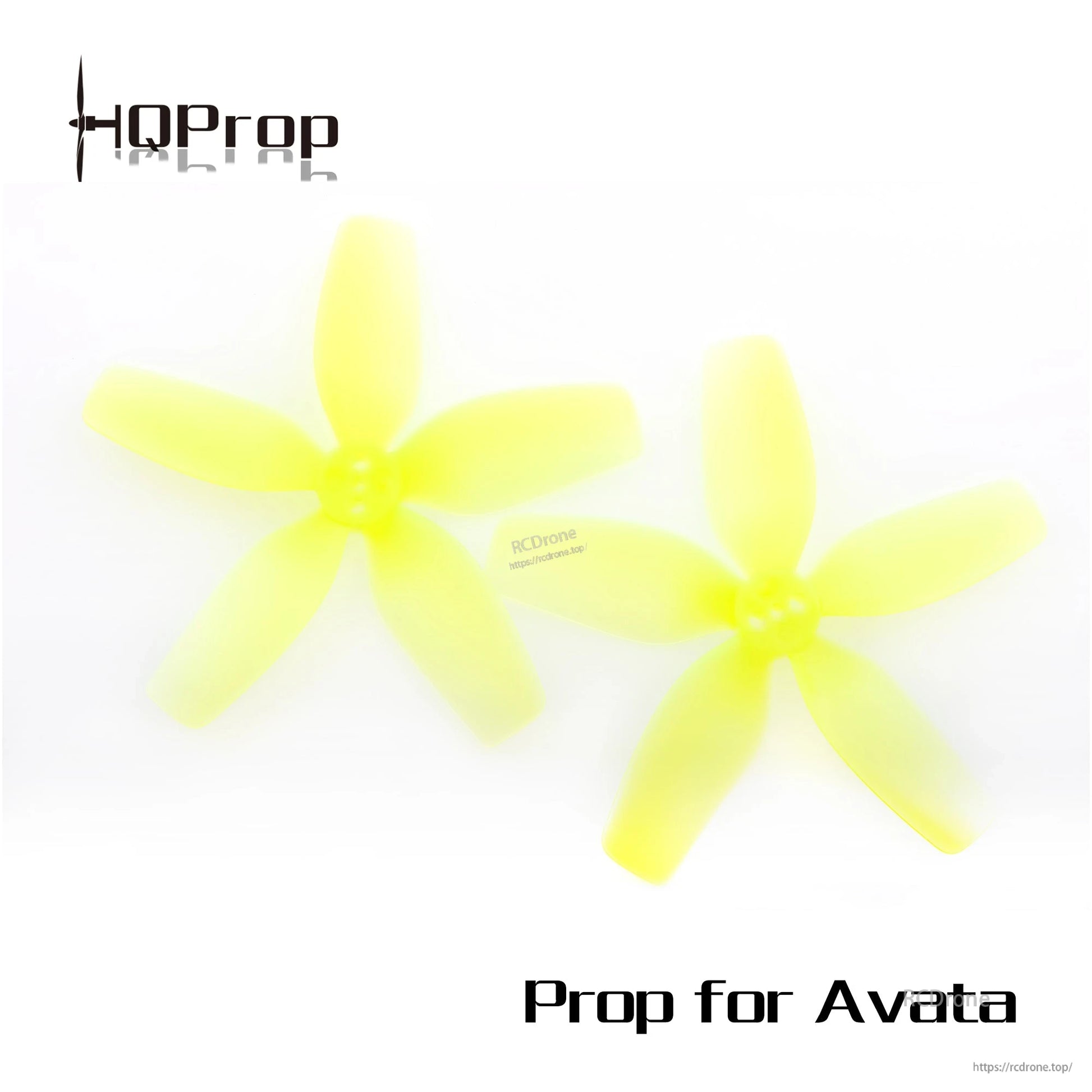 Fluorescent yellow 5-blade propeller pair with "Prop for Avata" text and HQProp logo