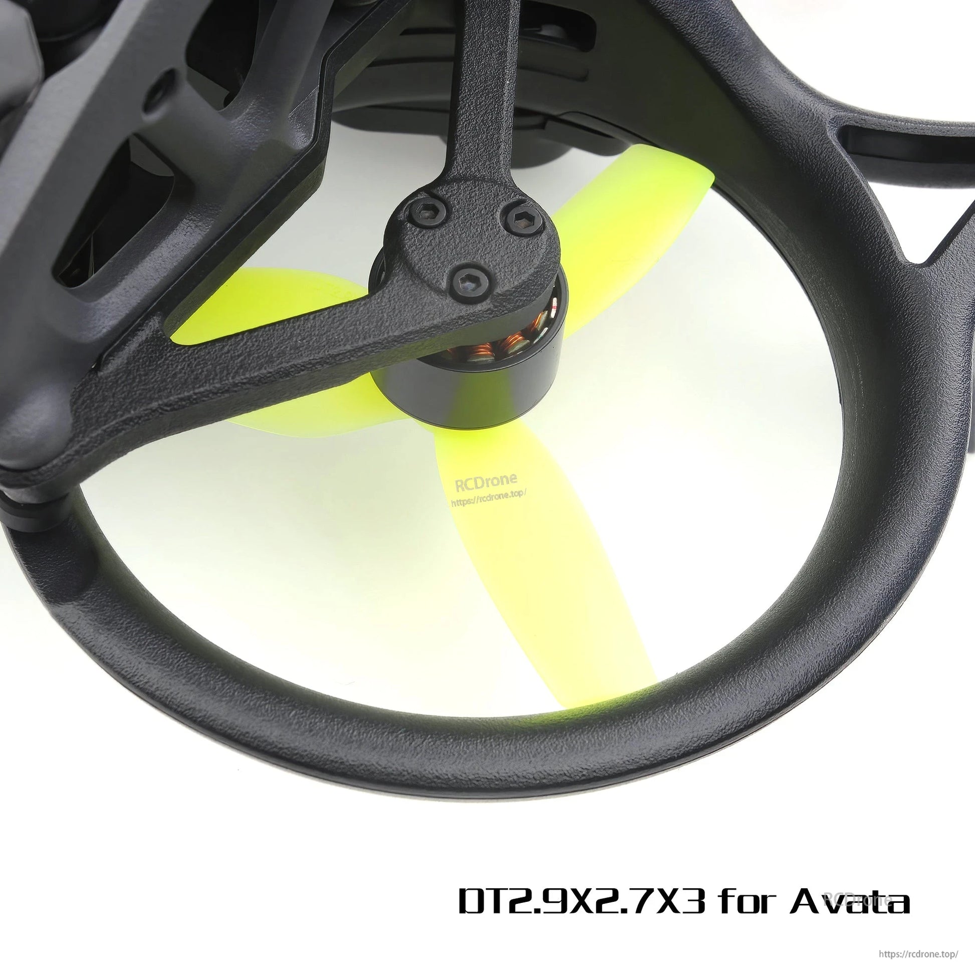 Detail close-up of yellow 3-blade propeller on motor inside duct guard, “DT2.9X2.7X3 for Avata”
