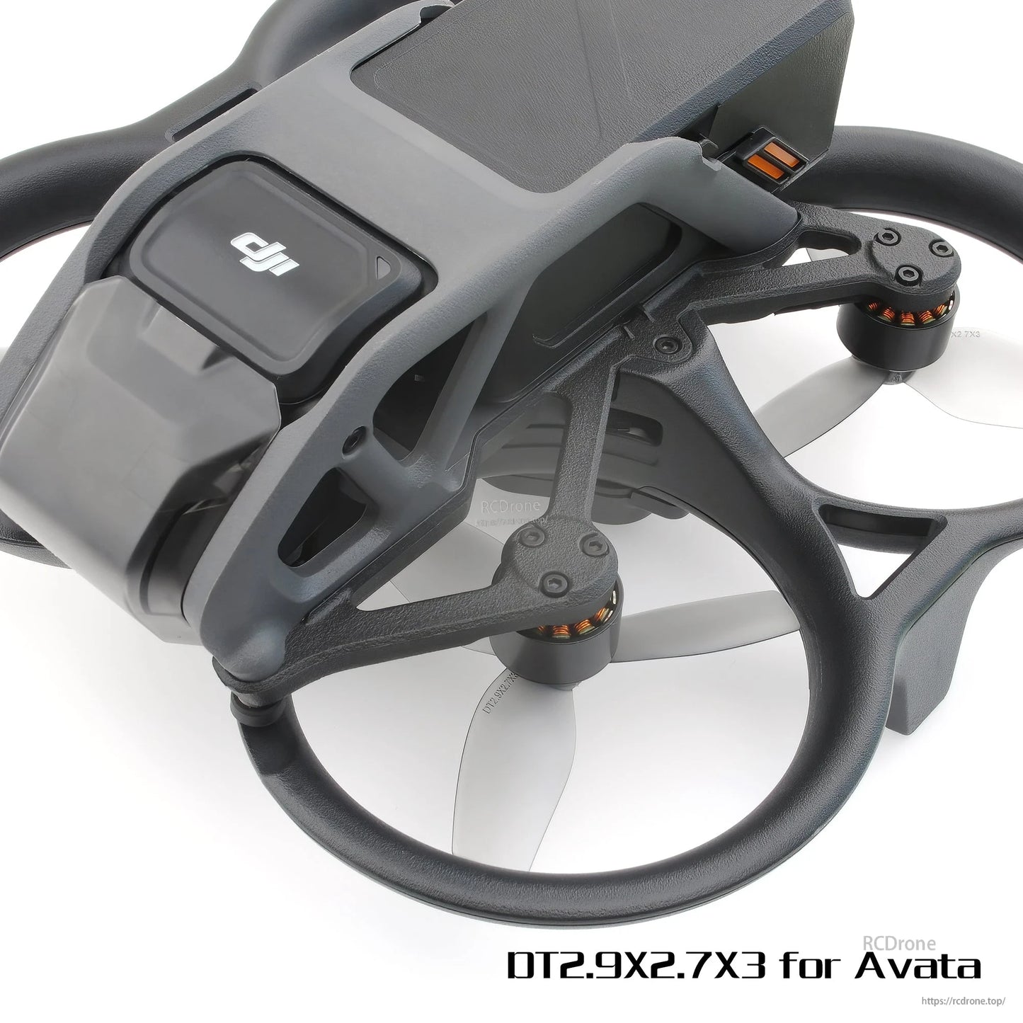 Close-up of DJI Avata drone with gray 3-blade propellers installed inside duct guards