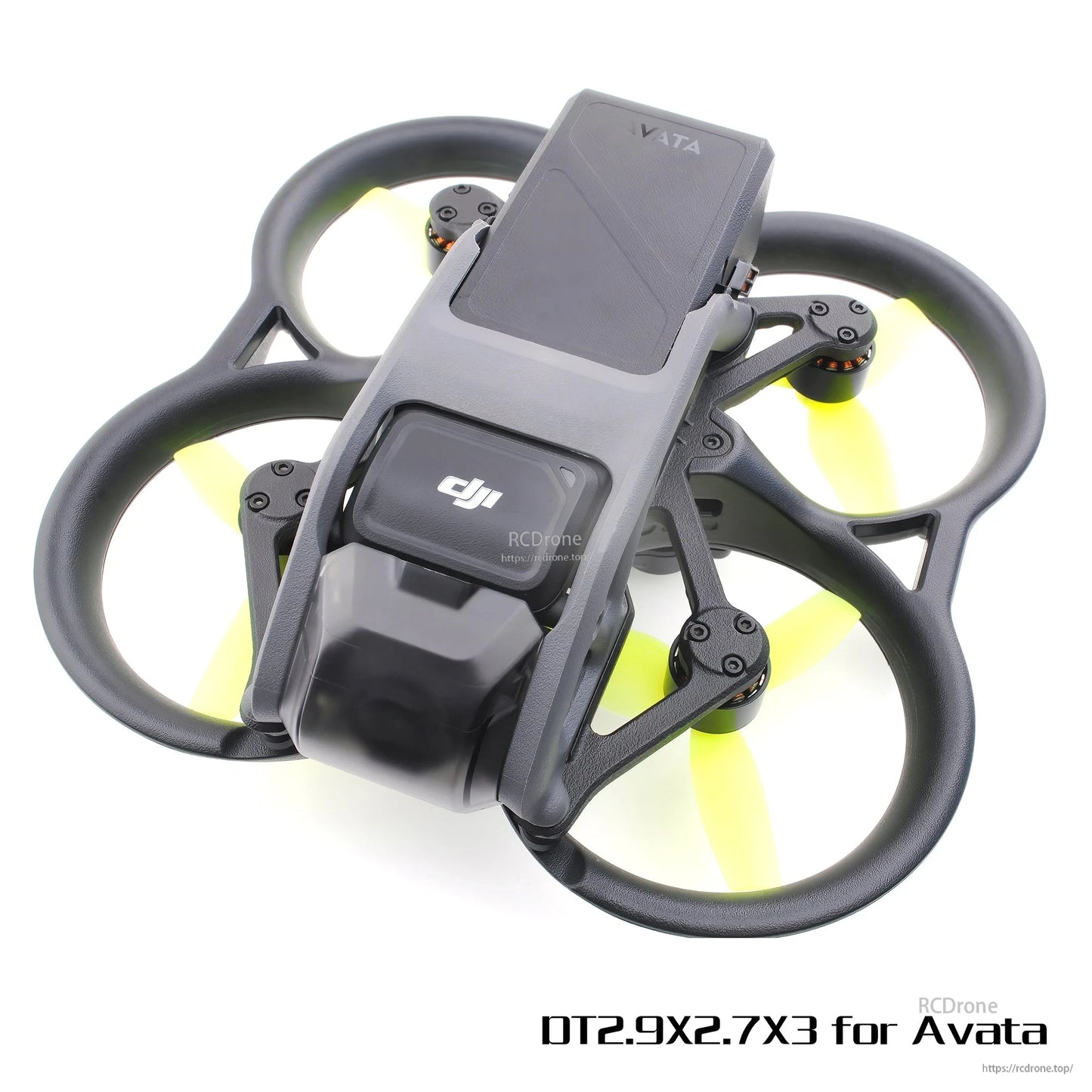 DJI Avata shown with yellow 3-blade propellers installed in ducted frame, top angled view