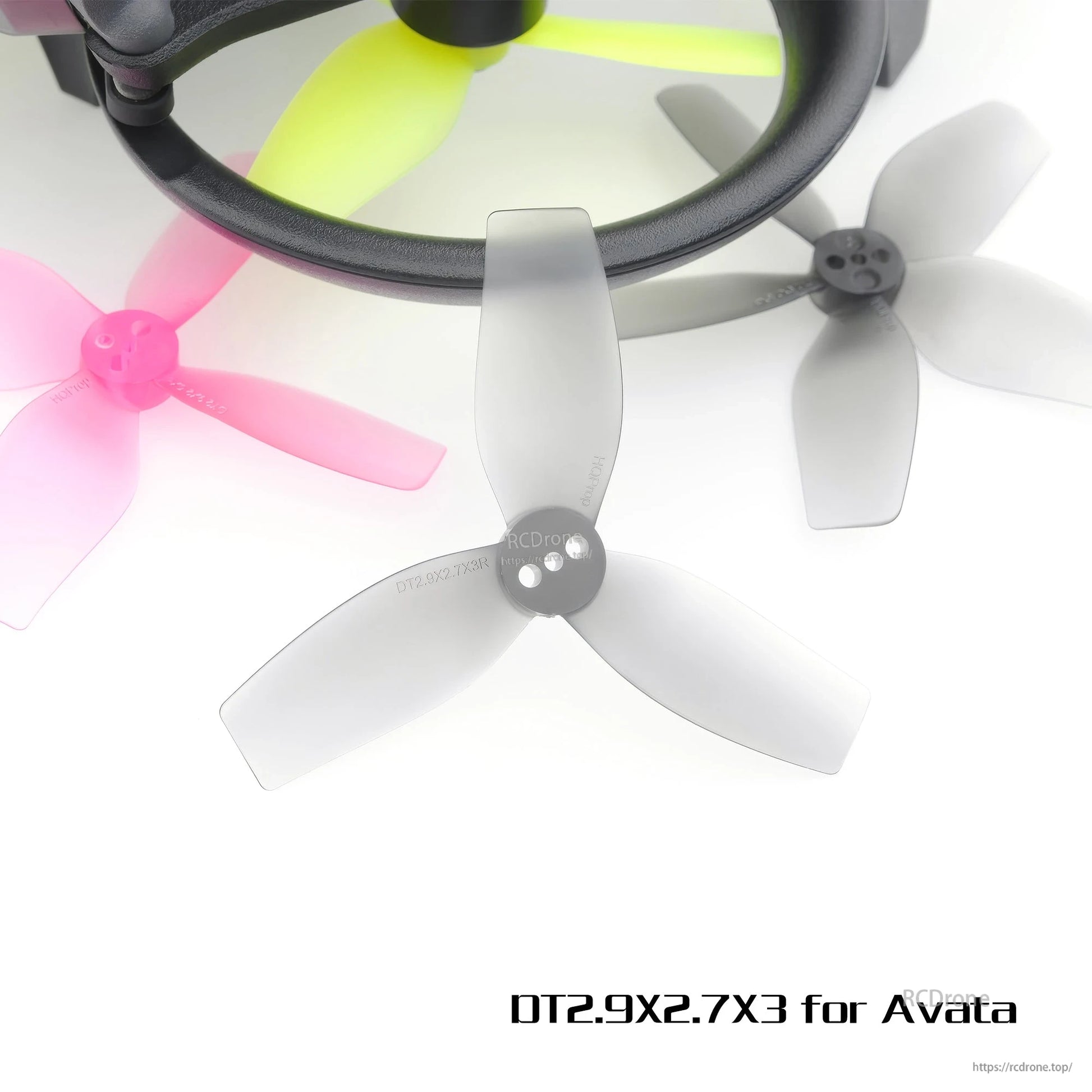 DT2.9X2.7X3 3-blade propellers shown beside ducted drone frame, gray props with pink and yellow examples