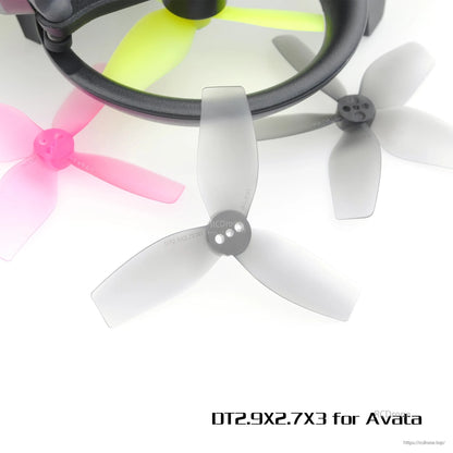 DT2.9X2.7X3 3-blade propellers shown beside ducted drone frame, gray props with pink and yellow examples