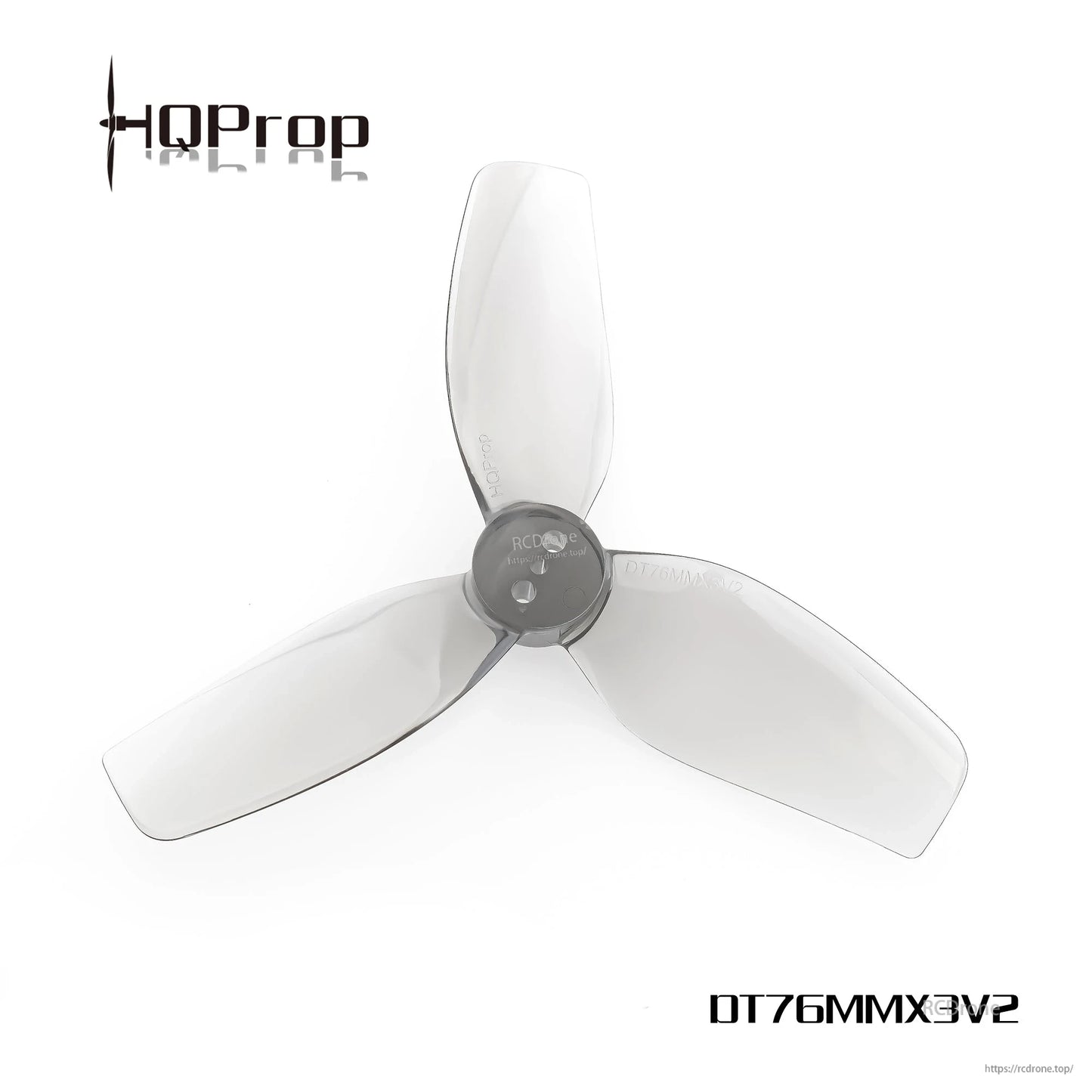 Single smoke gray 76mm tri-blade cinewhoop propeller, top view showing hub and blade profile