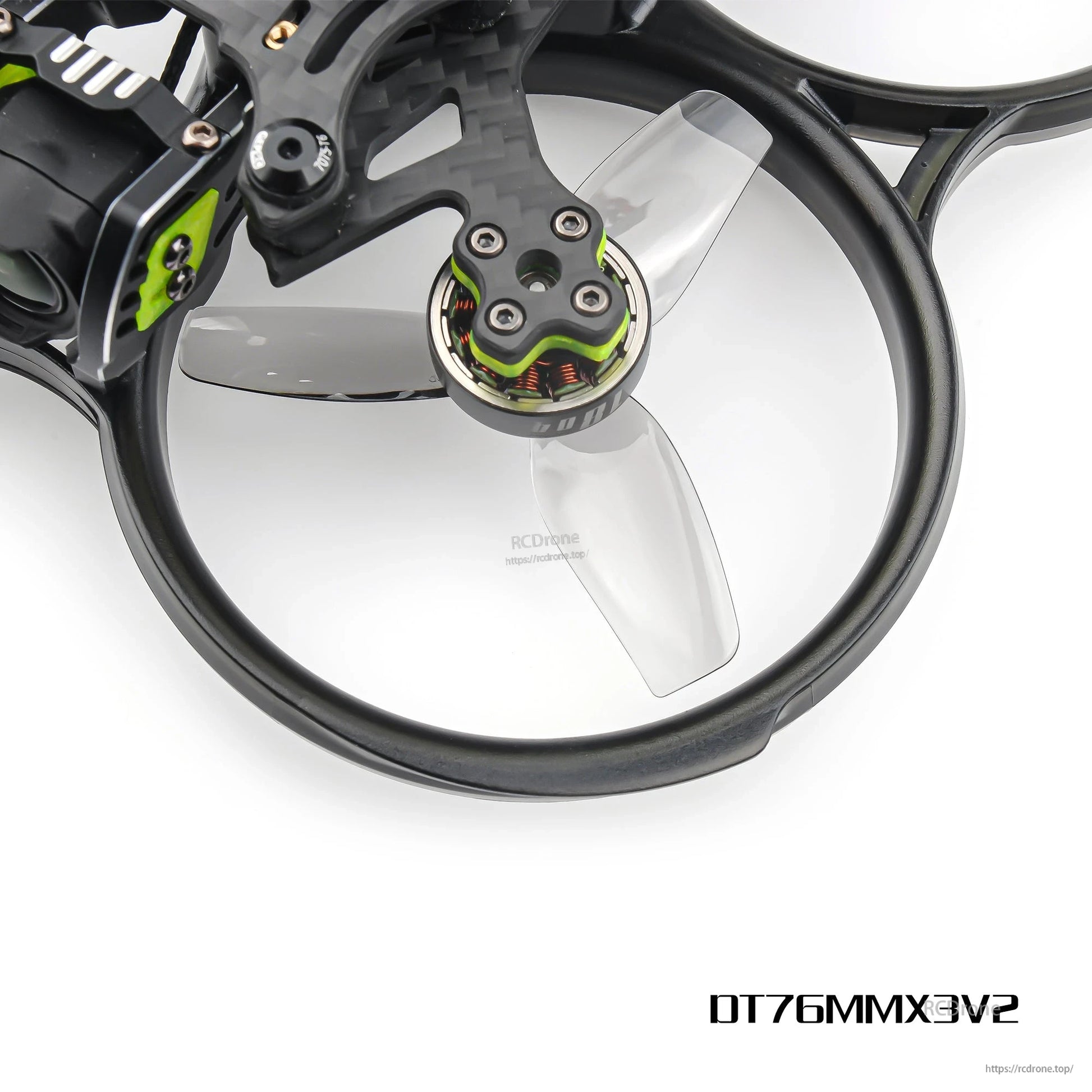 DT76MMX3 V2 76mm tri-blade propeller installed on a ducted cinewhoop drone, close-up view