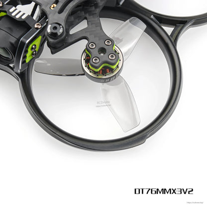 DT76MMX3 V2 76mm tri-blade propeller installed on a ducted cinewhoop drone, close-up view