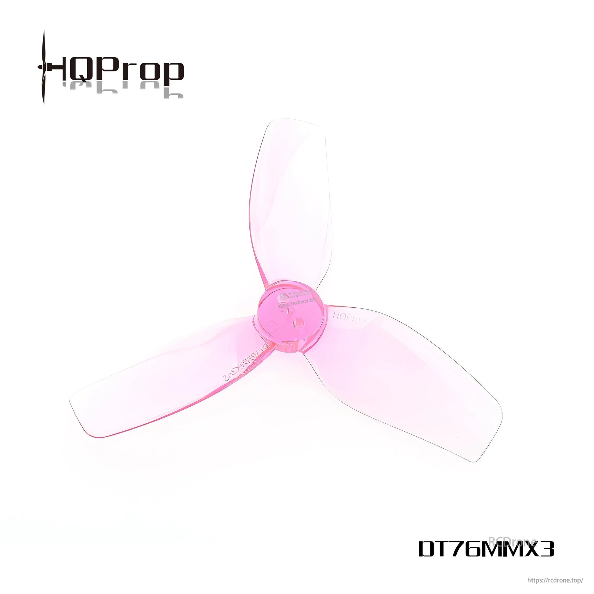 Single transparent pink 76mm 3-blade polycarbonate cinewhoop propeller, top view