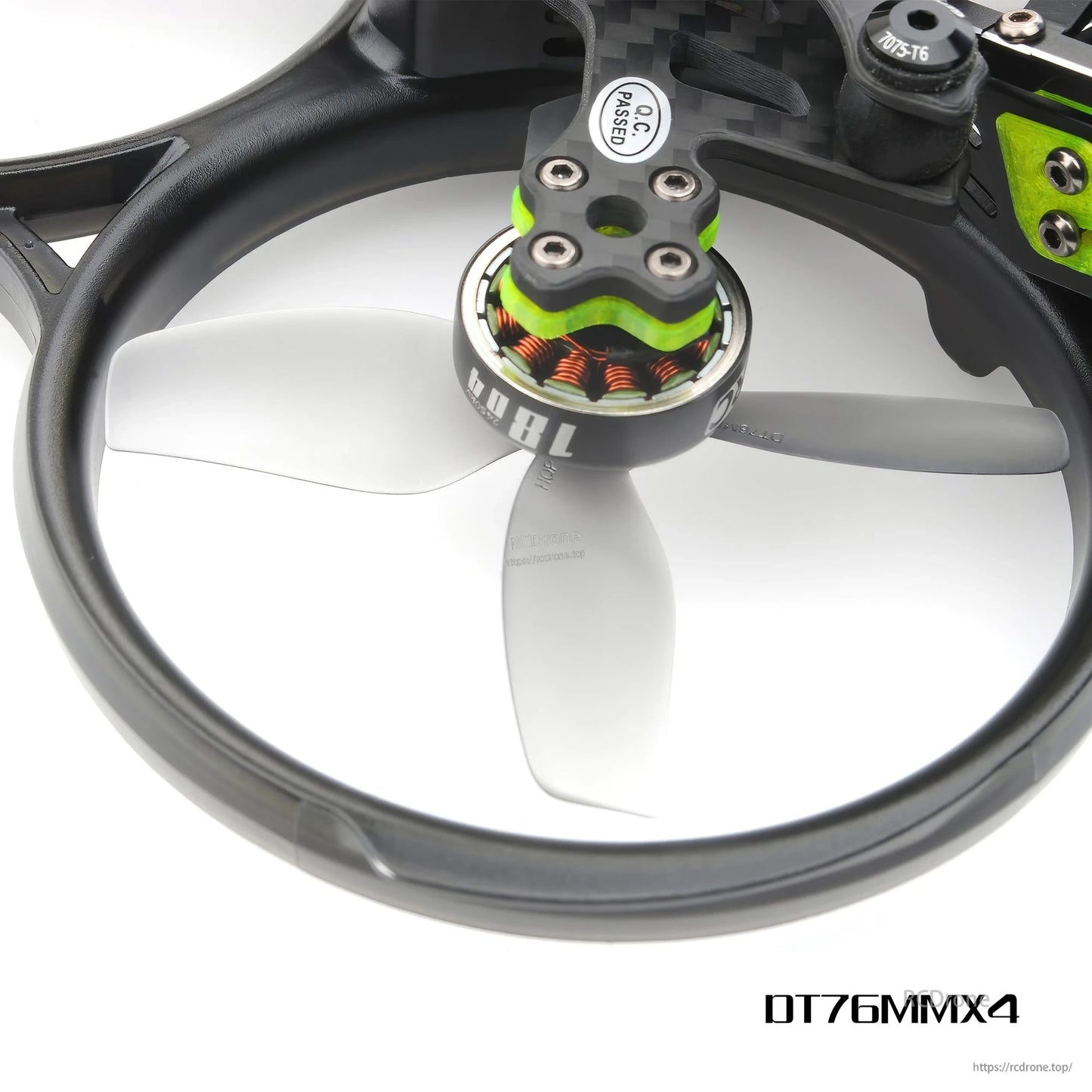 DT76MMX4 cinewhoop propeller installed on a brushless motor inside a ducted cinewhoop frame
