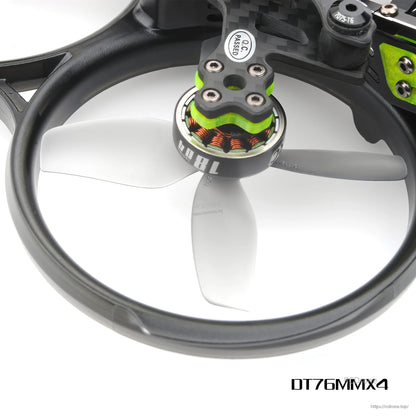 DT76MMX4 cinewhoop propeller installed on a brushless motor inside a ducted cinewhoop frame