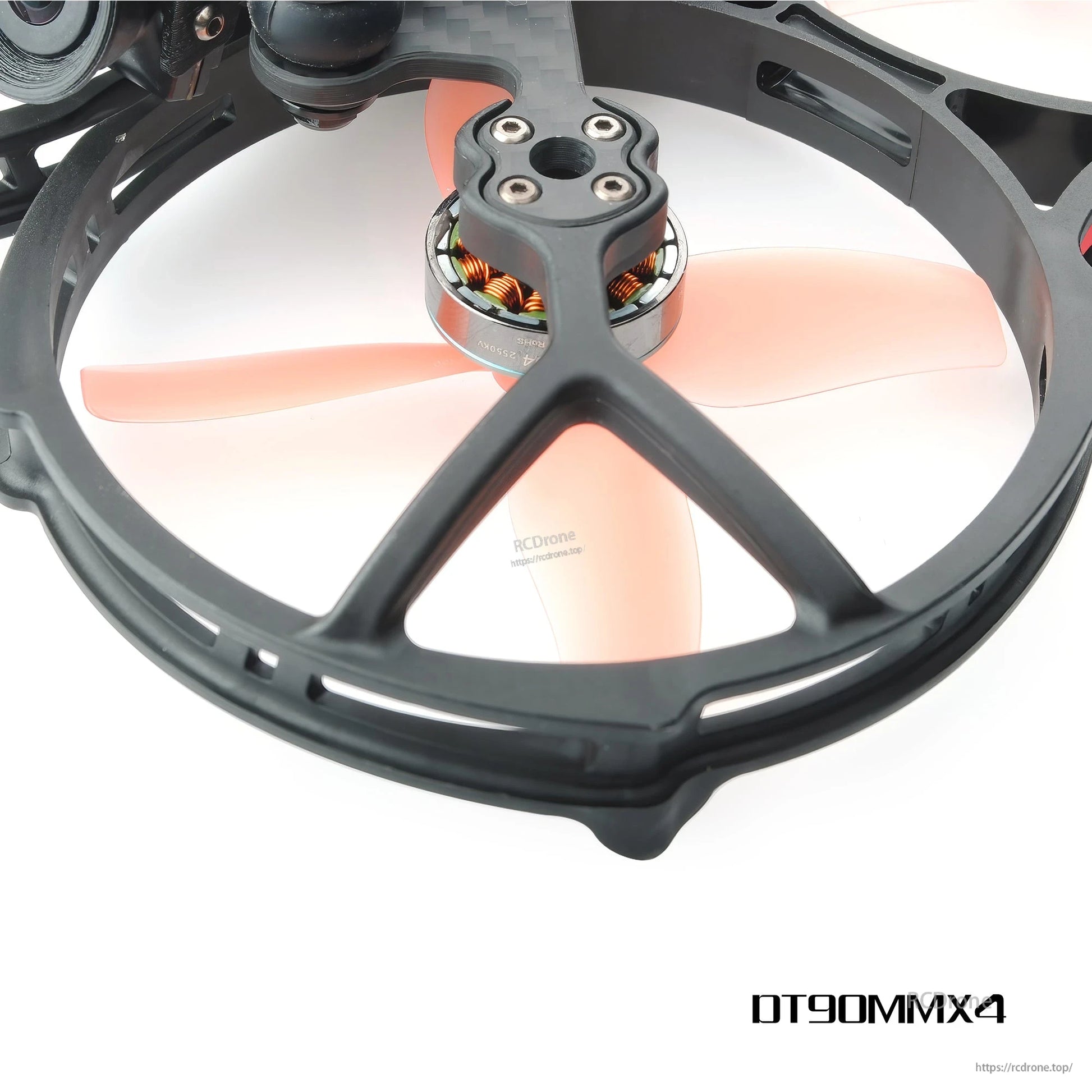 HQProp DT90MMX4 90mm 4-blade prop installed on ducted cinewhoop motor, close-up view