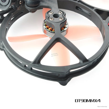 HQProp DT90MMX4 90mm 4-blade prop installed on ducted cinewhoop motor, close-up view