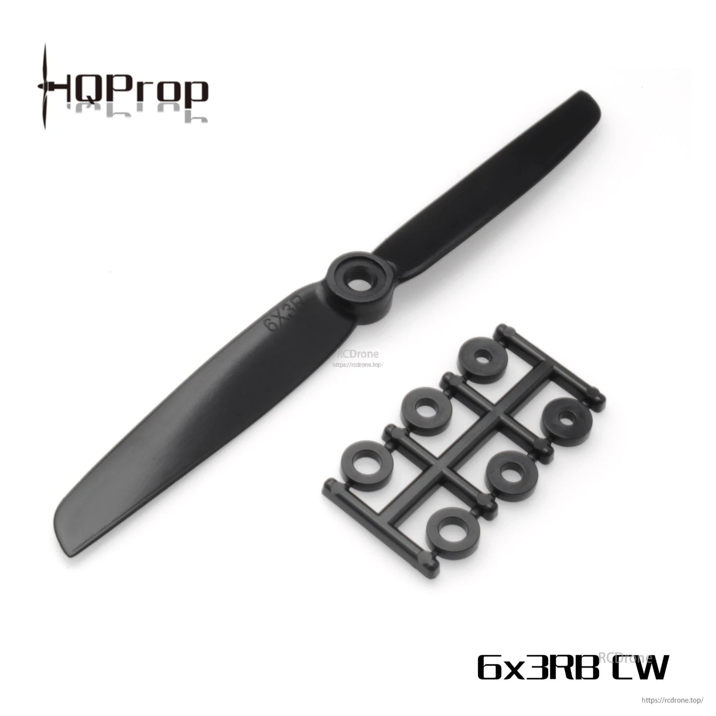 6x3RB CW propeller overview with HQProp logo and adapter ring kit shown beside the 2-blade prop