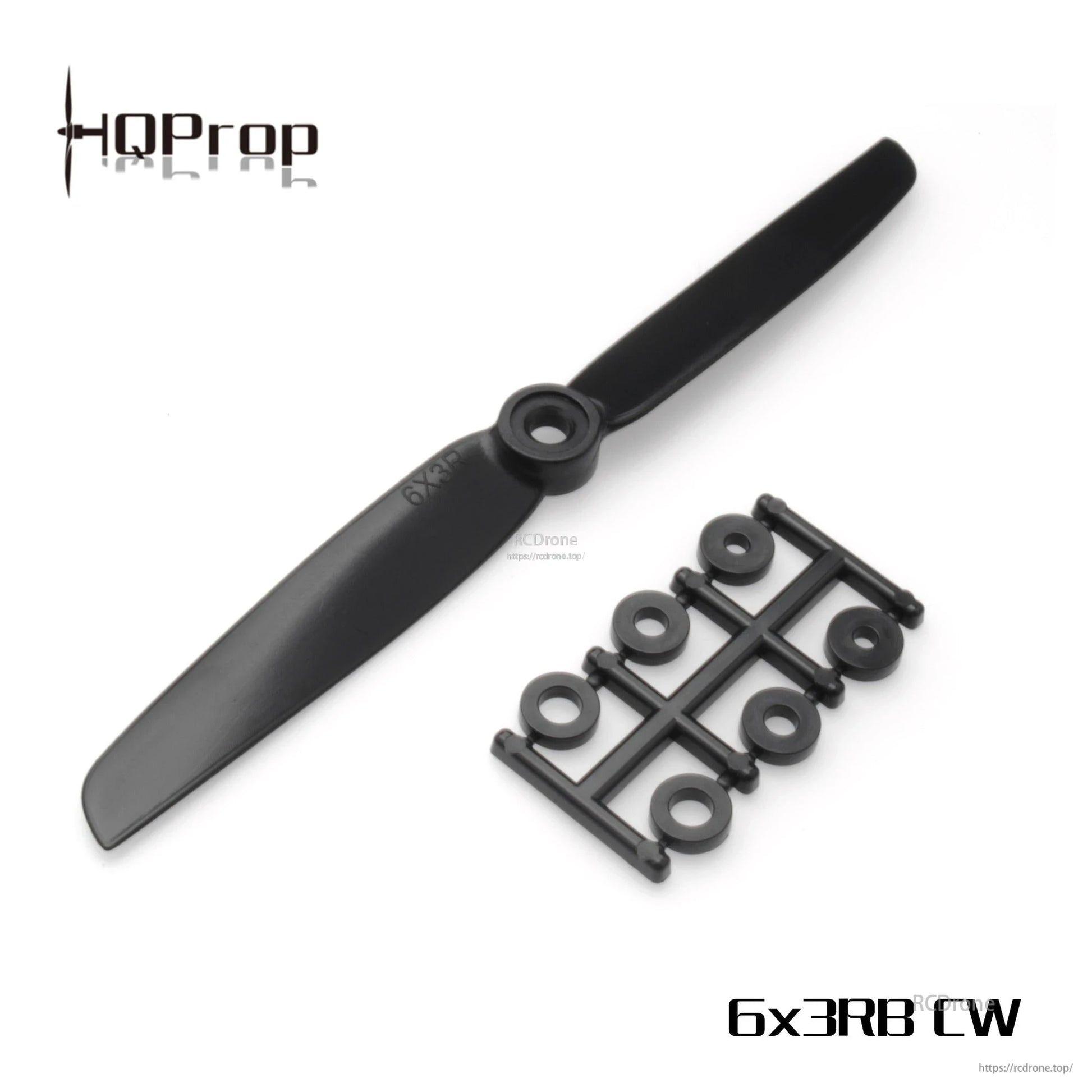 6x3RB CW propeller overview with HQProp logo and adapter ring kit shown beside the 2-blade prop
