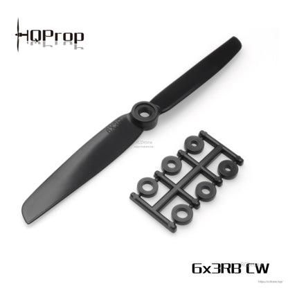6x3RB CW propeller overview with HQProp logo and adapter ring kit shown beside the 2-blade prop