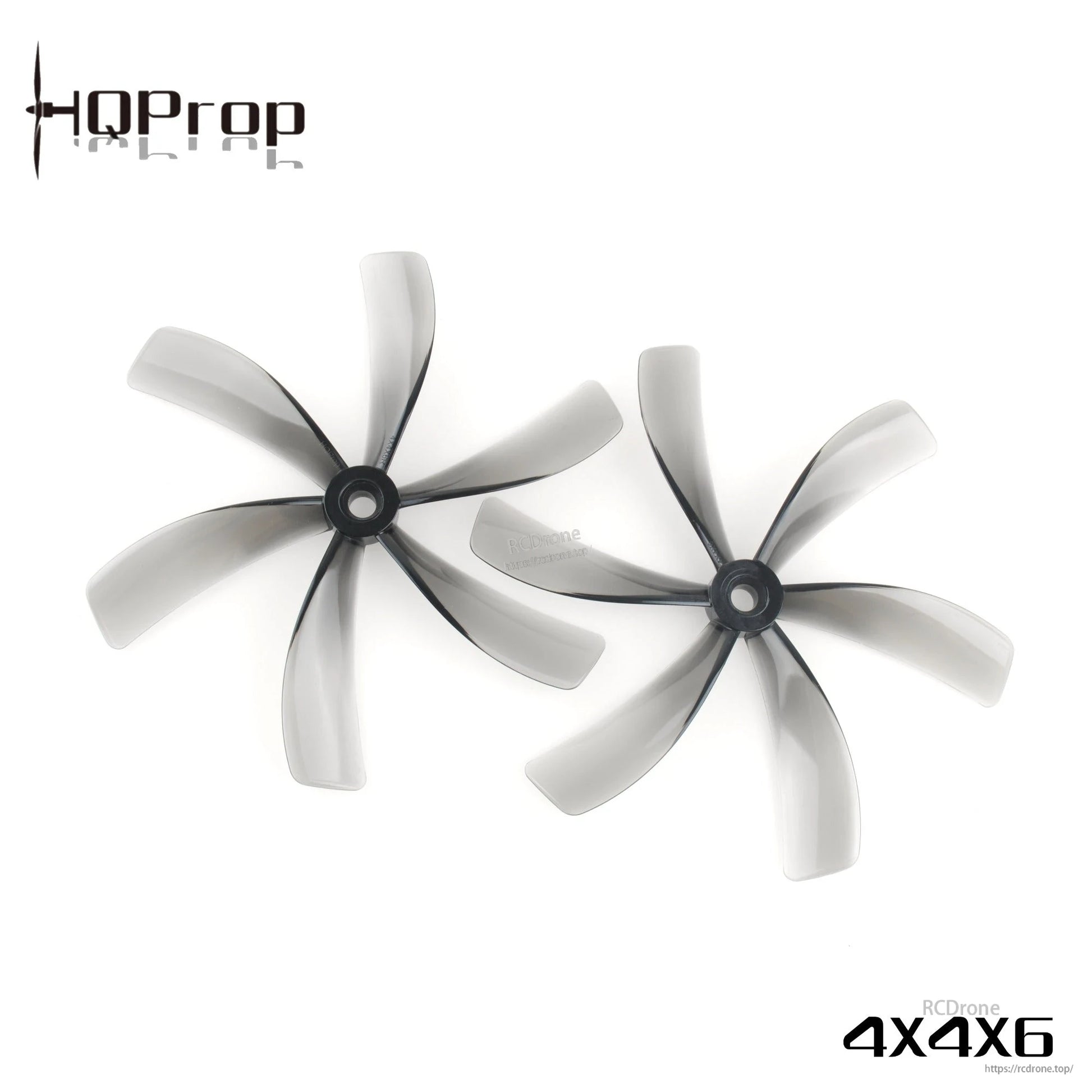 Pair of grey 4X4X6 six-blade drone propellers with HQProp logo and size marking on background