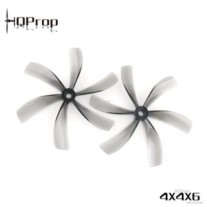 Pair of grey 4X4X6 six-blade drone propellers with HQProp logo and size marking on background