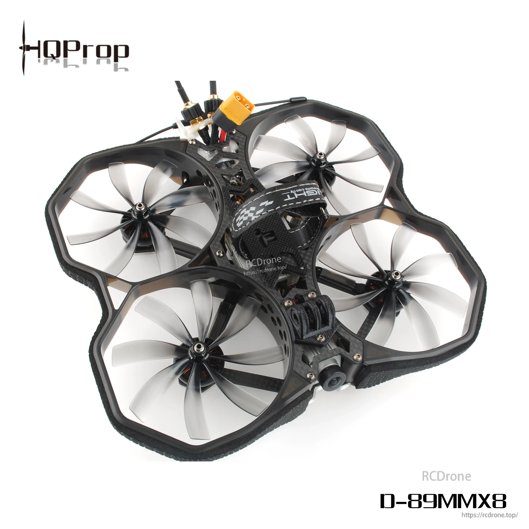 Cinewhoop drone frame fitted with four grey 8-blade ducted propellers, angled top view