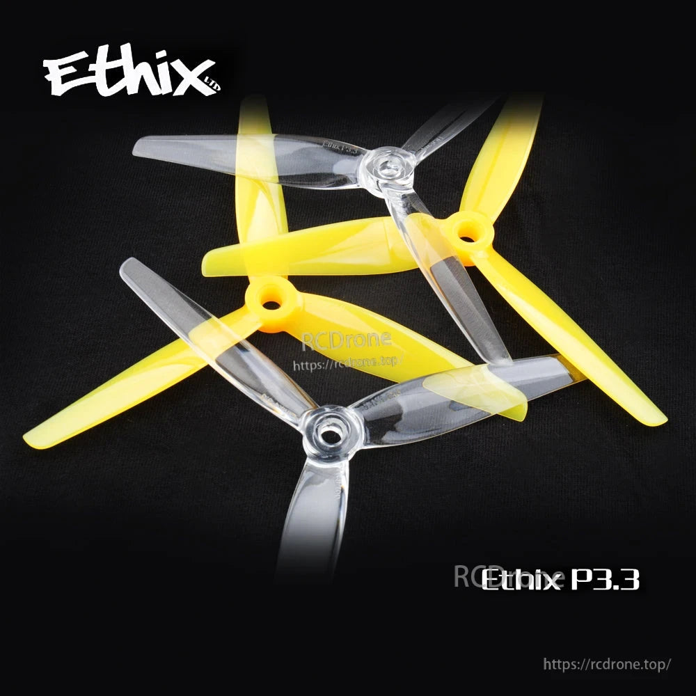Close-up of mixed yellow and clear tri-blade propellers showing hubs and blade profile