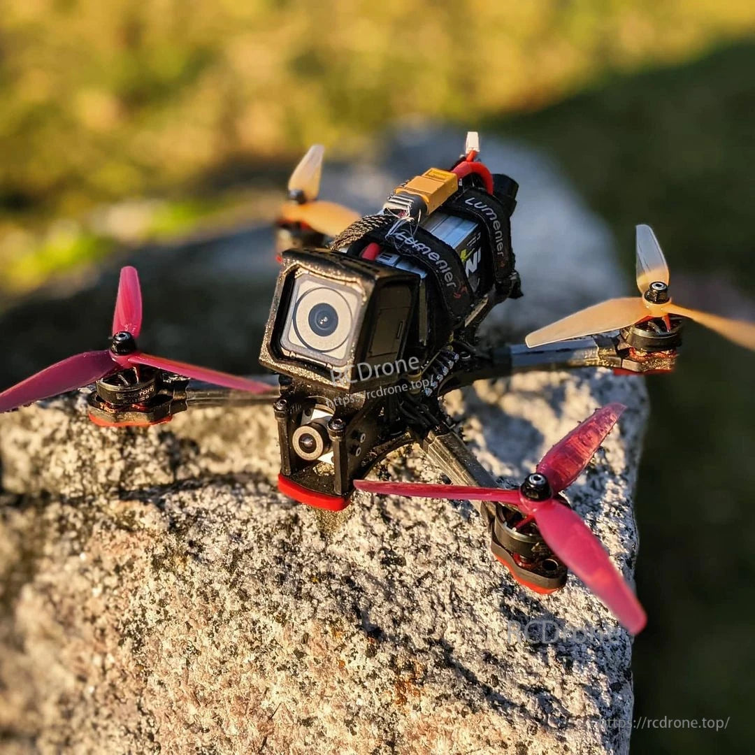 FPV quadcopter with Peanut Butter & Jelly Ethix P3 propellers installed, outdoor use shot