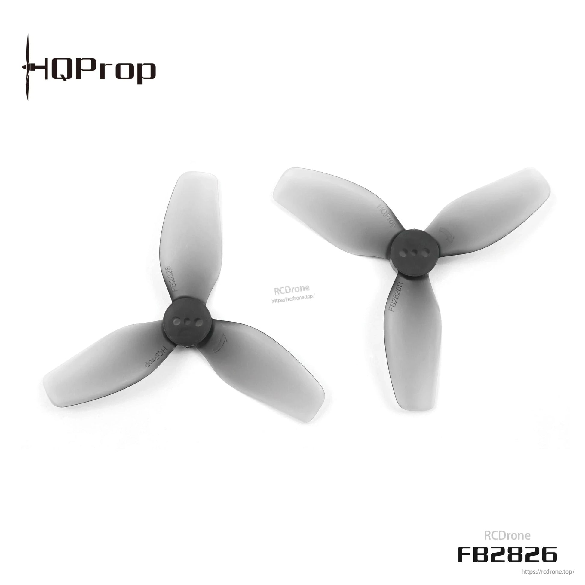 Close-up of two grey tri-blade propellers showing hub details and blade shape, model FB2826
