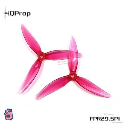 Pair of translucent pink 3-blade drone propellers with HQProp branding, labeled FPR29.5PI