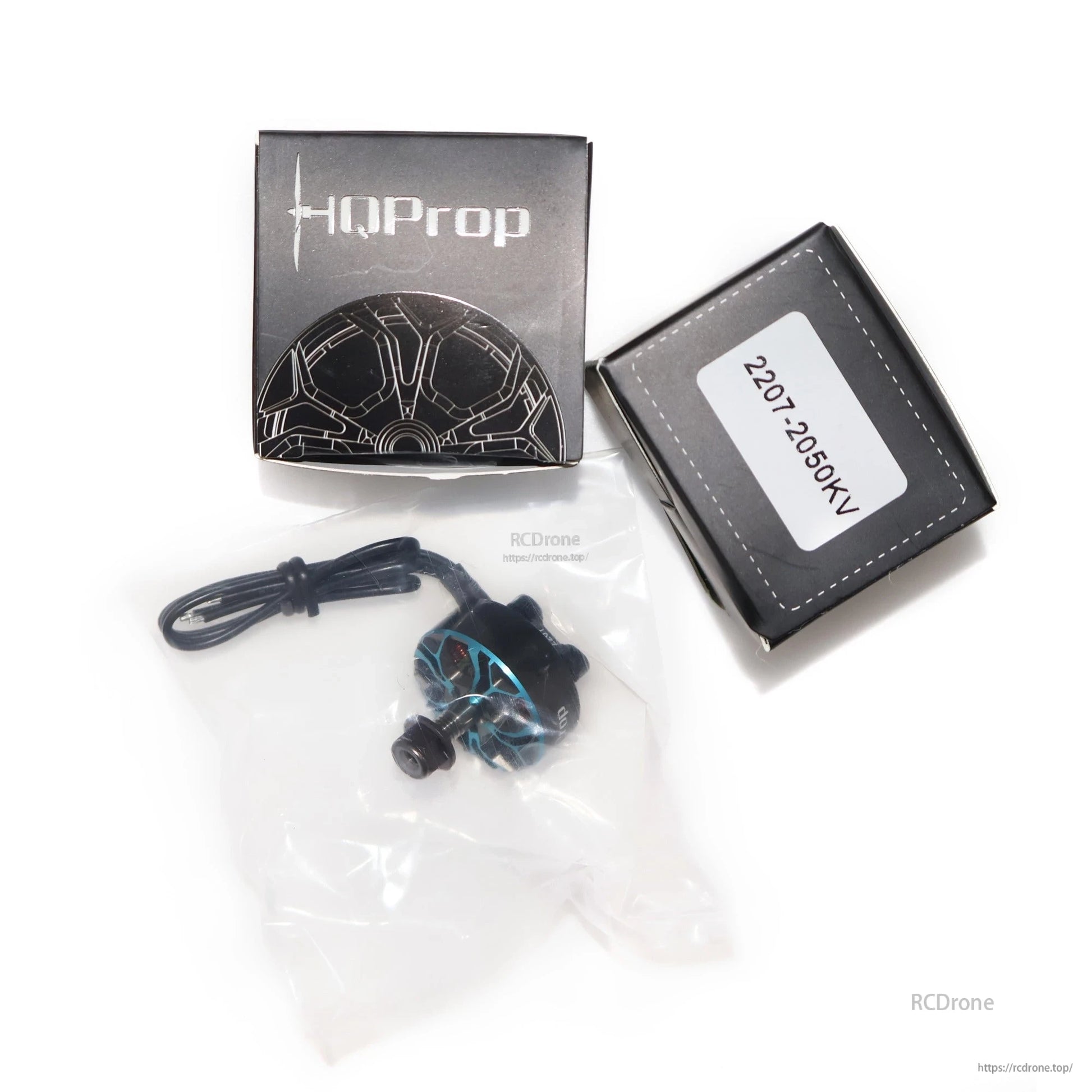 HQProp Flux 2207-2050KV box label with motor and wire lead packed in plastic bag
