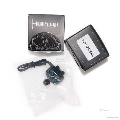 HQProp Flux 2207-2050KV box label with motor and wire lead packed in plastic bag