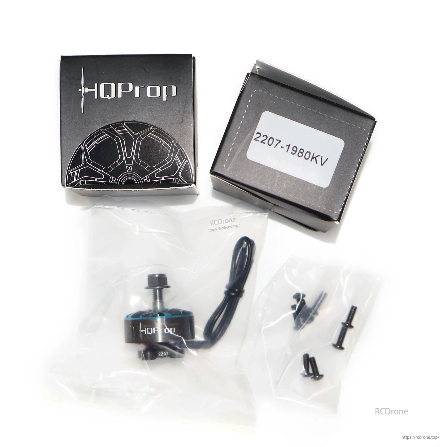 HQProp Flux 2207-1980KV packaging with motor, wire lead, and mounting screws in bags