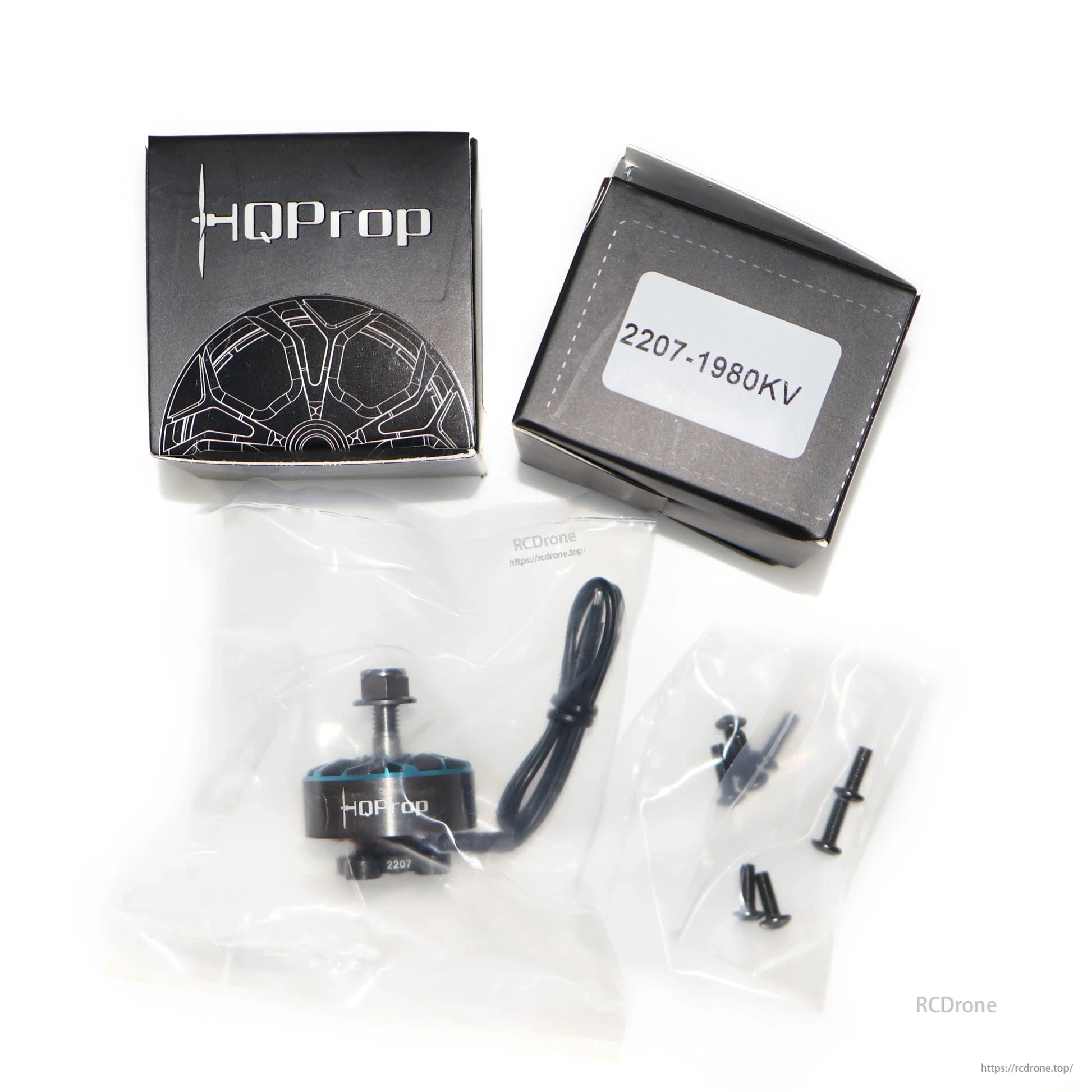 HQProp Flux 2207-1980KV packaging with motor, wire lead, and mounting screws in bags