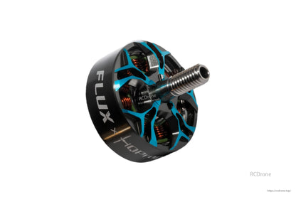 HQProp Flux 2207 FPV Brushless Motor angled close-up showing blue cutout bell and threaded shaft