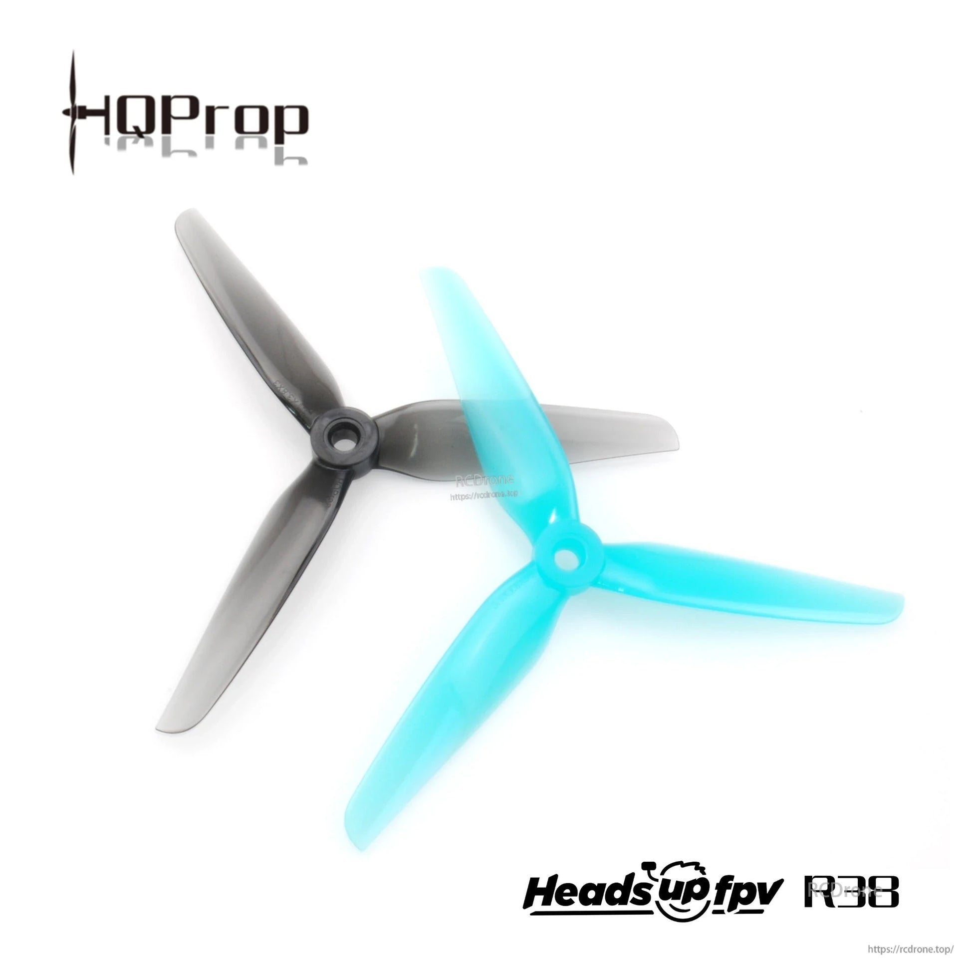 HQProp R38 props color comparison with smoke gray and blue 3-blade propellers